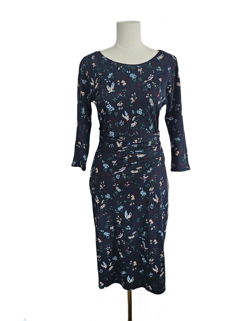 Max Mara Navy Floral & Bird Print Long-Sleeve Midi Dress Size S